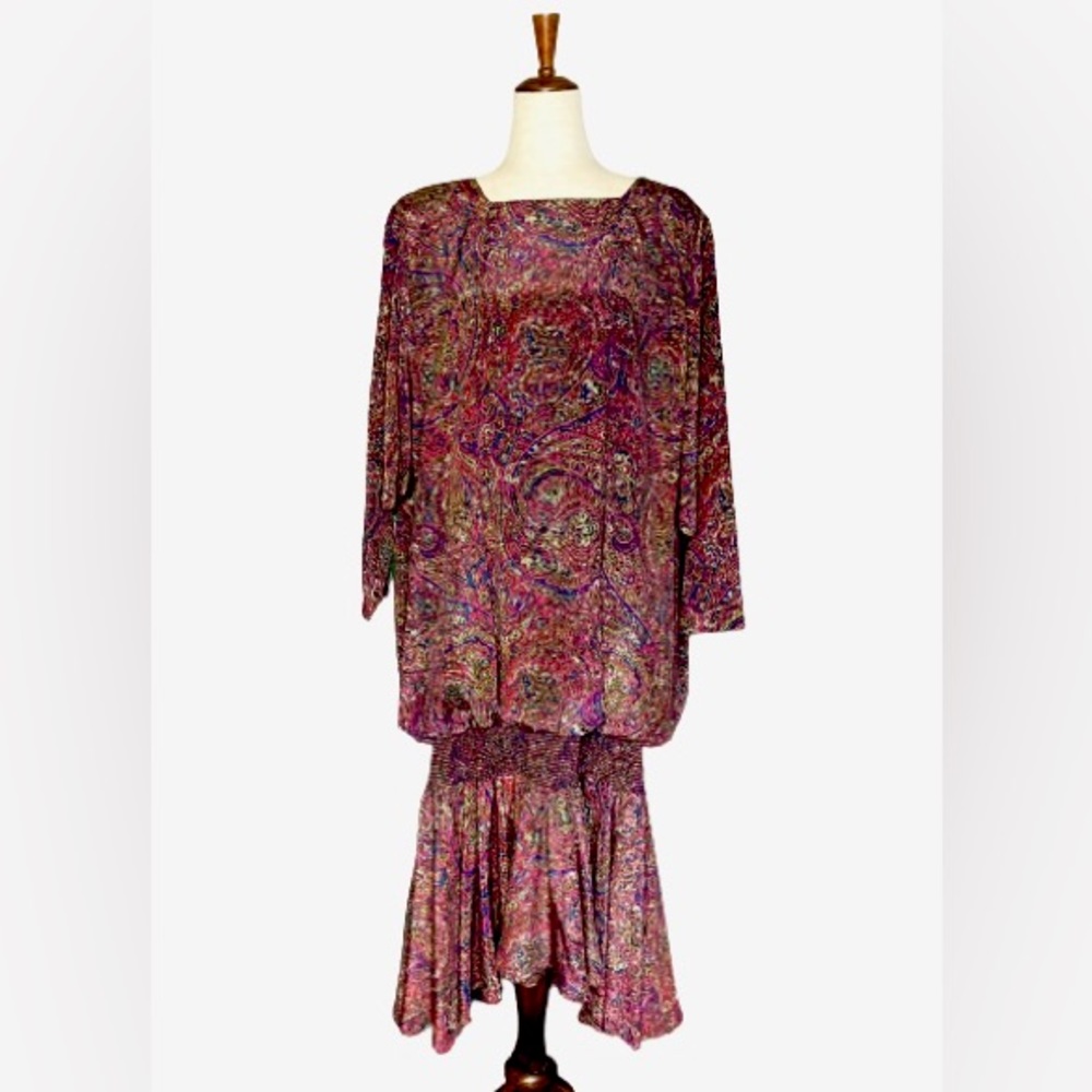 🌞3/$18🌞Vintage 1980s Chez California Drop Waist Oversized Paisley Dress